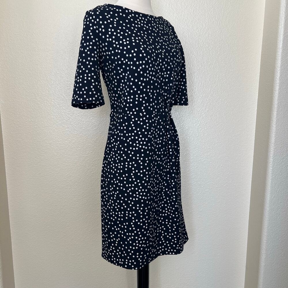 Banana Republic Factory polka dot print pleated waist sheath dress navy blue - Picture 2 of 6
